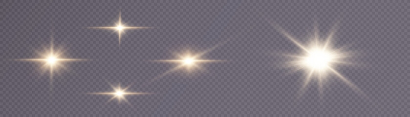 Glow of gold stars of light on a transparent background. Blurred light vector collection. Flash, sun, flicker.	