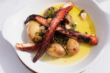 Portuguese oven roasted octopus with potatoes in garlic and olive oil. Fresh cooked octopus dish on white plate.
