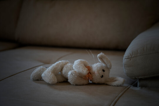 Lonely rabbit doll is lying akibe on sofa in the living room for created postcard  of international missing children, broken heart, lonely, sad, alone unwanted cute doll lost.