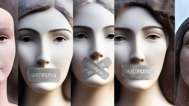 Objectification and silenced women. They are symbolic of the countless others who has been silenced by objectification simply because of their gender.,3d illustration
