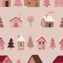 Fototapeta premium Christmas seamless pattern with trees and houses
