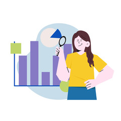 A women analyses a graphic chart in flat illustration