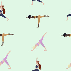Seamless pattern with woman exercising yoga. Vector illustration in flat cartoon style, concept illustration for healthy lifestyle, sport, exercising.