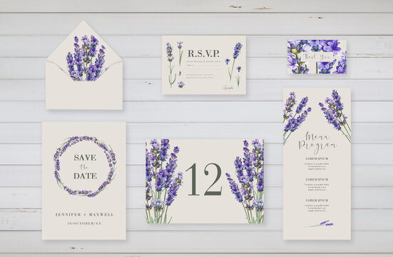 Wedding invitations. Floral watercolor lavender branches and bouquet