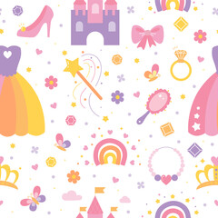 Princess things pink and purple seamless pattern