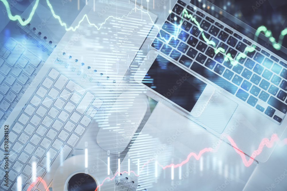 Aufkleber financial market graph and top view computer on the desktop background. multi exposure. investment c