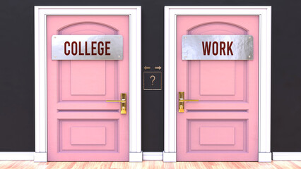 Making a choice and deciding in favor of either College or Work. Two different paths to go through and two outcomes. Facing a question that requires a serious decision to be made.,3d illustration