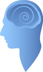 Silhouette human profile with spiral line in head. Ordered thoughts concept. Calm mind and mental health. Vector illustration.