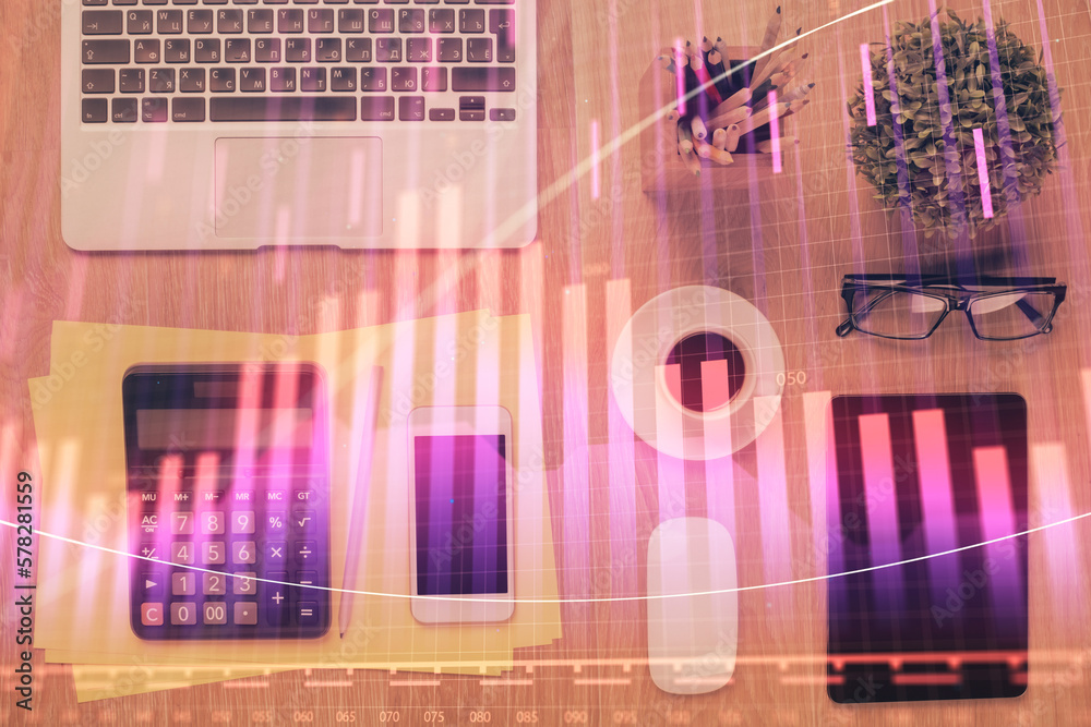 Poster double exposure of forex chart hologram over desktop with phone. top view. mobile trade platform con
