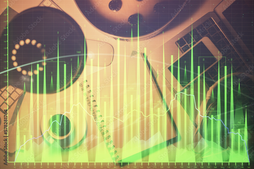 Poster multi exposure of forex chart drawing and work table top veiw. concept of financial analysis.