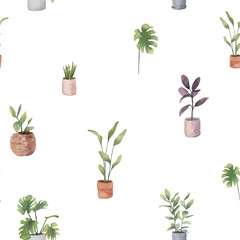 Seamless pattern painted in watercolor, tropical leaves, plants green in pots of color, on a beige background, especially for your design