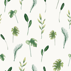 Seamless pattern painted in watercolor, tropical leaves, plants green, on a beige background, especially for your design