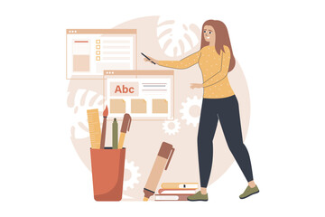 Yellow and brown concept education with people scene in the flat cartoon design. Girl prepares various tables for studying in order to get an education. Vector illustration.
