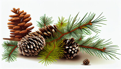Pine tree branch and cones isolated on white