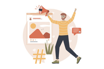 Social marketing yellow and brown concept with people scene in the flat cartoon style. Marketer makes posts in social networks that are aimed at the needs of society. Vector illustration.