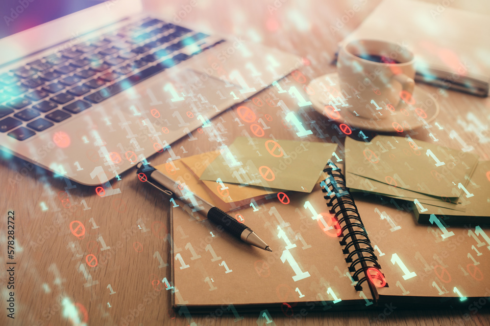 Aufkleber Multi exposure of technology theme drawing and desktop with coffee and items on table background. Concept of data research.