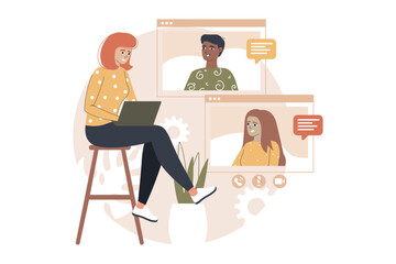 Video conference yellow and brown concept with people scene in the flat cartoon style. Supervisor gathered all her subordinates at a video conference to talk about their duties and tasks.