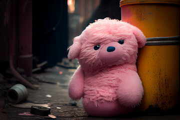 A cute little teddy bear in a landfill, a dirty ghetto street littered with trash and debris, with a child's toy on it. Illustration, Generative AI.