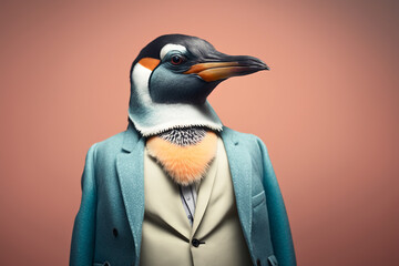 Portrait of a penguin dressed in a formal business suit, character, generative ai