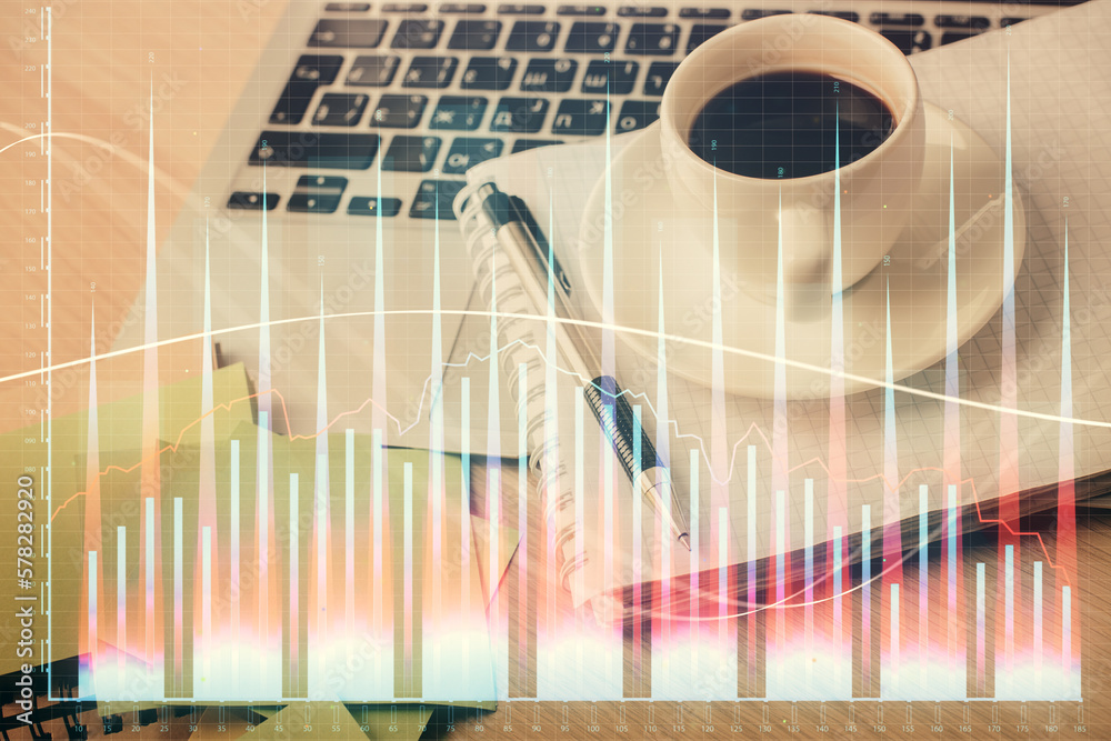 Poster double exposure of forex chart drawing and desktop with coffee and items on table background. concep