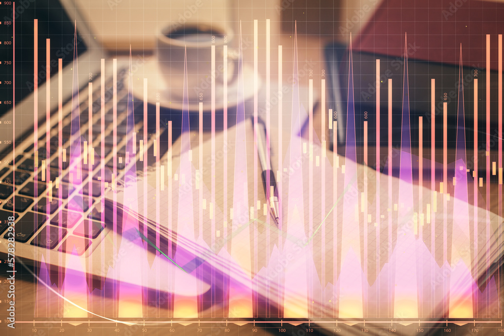 Aufkleber double exposure of forex chart drawing and desktop with coffee and items on table background. concep