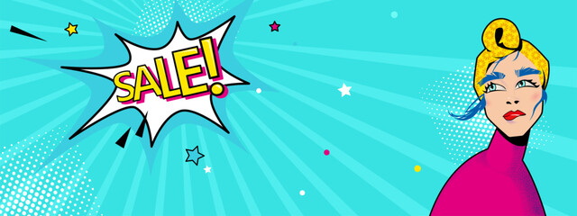 bright discount banner in pop art style.Vector illustration with a girl stylized as a comic book and the inscription "sale".