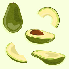 Avocado icons from different sides. Avocado whole and sliced. Isolated vector image of vegetables. Vector image of food.