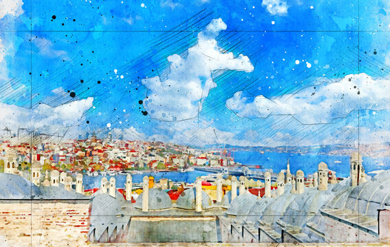 Istanbul view from Suleymaniye Mosque. Watercolor artistic work.