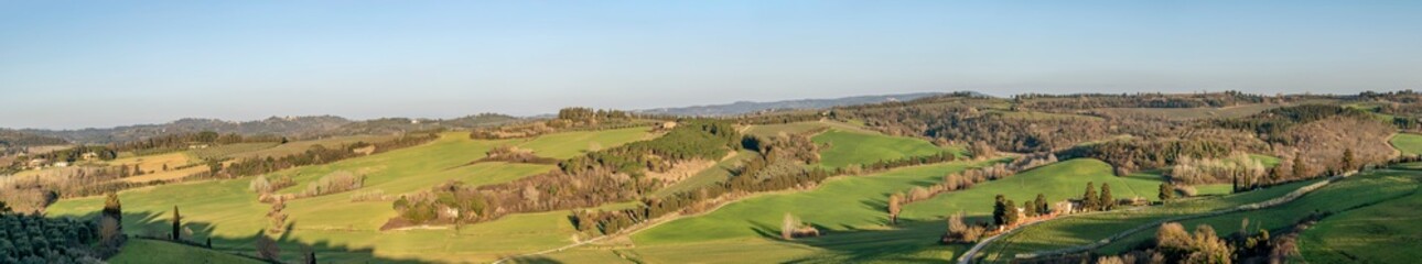 Fototapeta na wymiar Panoramic aerial view of the countryside east of Peccioli, Pisa, Italy