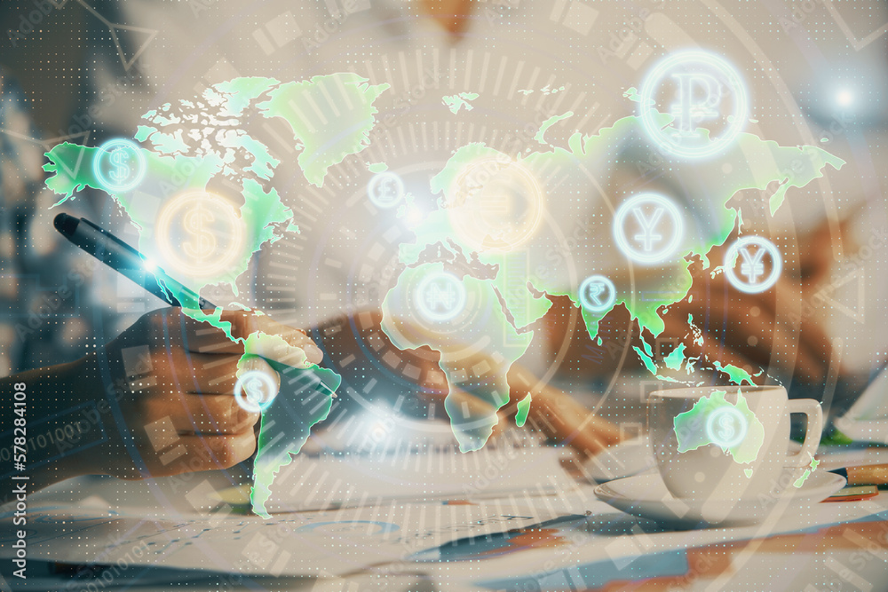 Poster double exposure of forex graph drawing over people taking notes background. concept of financial ana