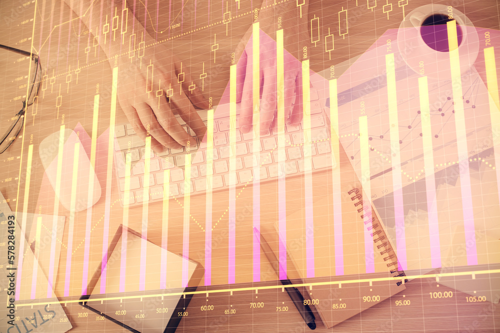 Poster multi exposure of man's hands typing over computer keyboard and forex graph hologram drawing. top vi