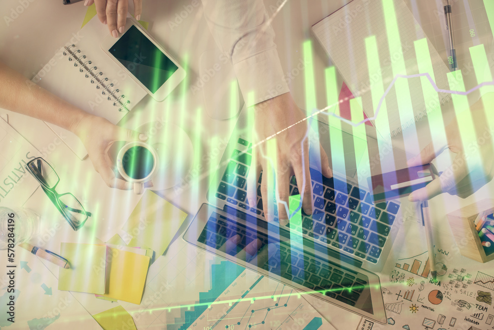 Poster Multi exposure of man's hands typing over computer keyboard and forex graph hologram drawing. Top view. Financial markets concept.