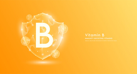 Vitamin B shield polygonal translucent orange. Immunity boosting vitamins. Medical innovation protect your body healthy. Shield low poly triangle modern futuristic protection. Banner vector. © Adisak