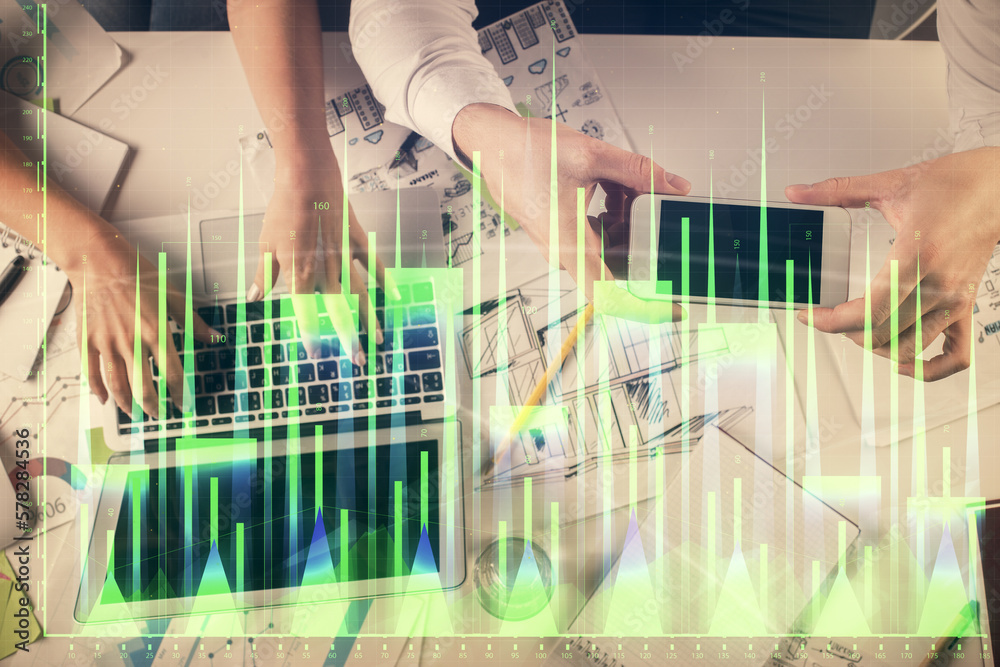 Poster multi exposure of man and woman working together and forex graph hologram drawing. financial analysi