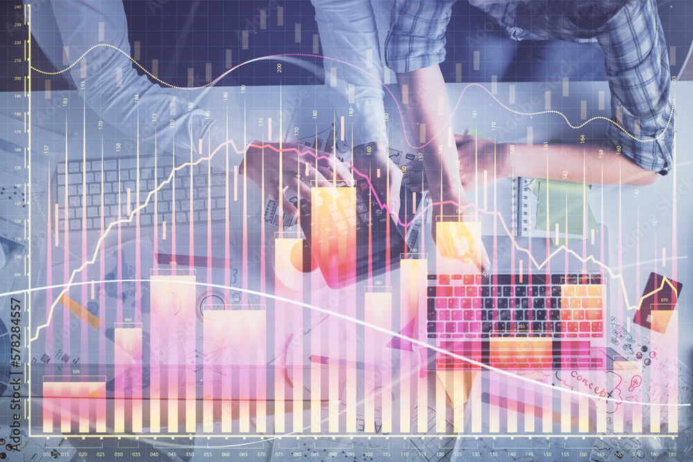 Poster double exposure of man and woman working together and financial graph hologram drawing. market analy