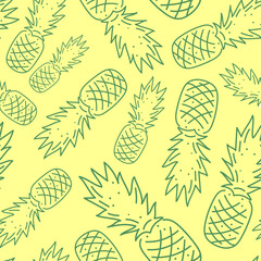 Seamless vector pattern with pineapple. Fruit sketch of green pineapples on yellow background. Botanical pattern for printing 
on textiles, gift paper, banners, menus. Pineapple harvest.