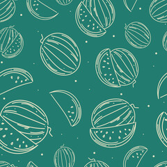 Seamless vector drawing with watermelons. Fruit sketch of watermelons on green background in doodle style. Botanical pattern for 
printing on textiles, gift paper, banners, menus. Watermelon Harvest.
