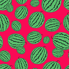 Seamless vector drawing with watermelons. Fruity sketch of green watermelons on juicy red background. Botanical pattern for 
printing on textiles, gift paper, banners, menus. Watermelon Harvest.