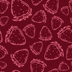 Seamless vector pattern with strawberries. Fruit sketch of strawberry on red background in doodle style. Botanical drawing 
for printing on textiles, gift paper, banners, menus. Harvest strawberries.
