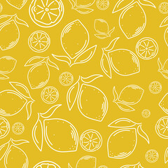 Seamless vector pattern with lemon. Fruit sketch of lemons on a yellow background in doodle style. Botanical drawing for printing 
on textiles, gift paper, banners, menus. Harvest of lemons.