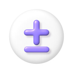 Obraz premium Math 3D icon. Purple arithmetic plus and minus signs on white round button. 3d realistic design element.