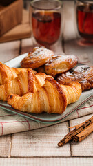 Freshly baked croissants and buns with tea