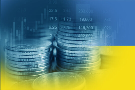 Ukraine flag with stock market finance, economy trend graph digital technology.