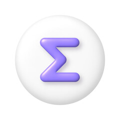 Math 3D icon. Purple sum sign on white round button. 3d realistic design element.