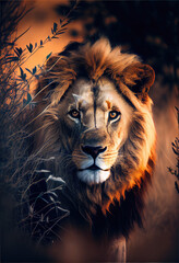 AI Generated image of a lion in nature professional color grading soft shadows
