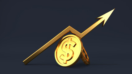 3D illustration of gold up arrow and two gold dollar coins on dark background.