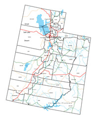 Utah road and highway map. Vector illustration.