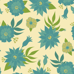 Seamless retro pattern with blue flowers. Vector illustration for print design on fabric and paper. Design for a postcard, wrapper or package.