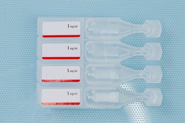 Eye drops in small disposable plastic ampules with stickers