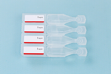 Eye drops in small disposable plastic ampoules with stickers